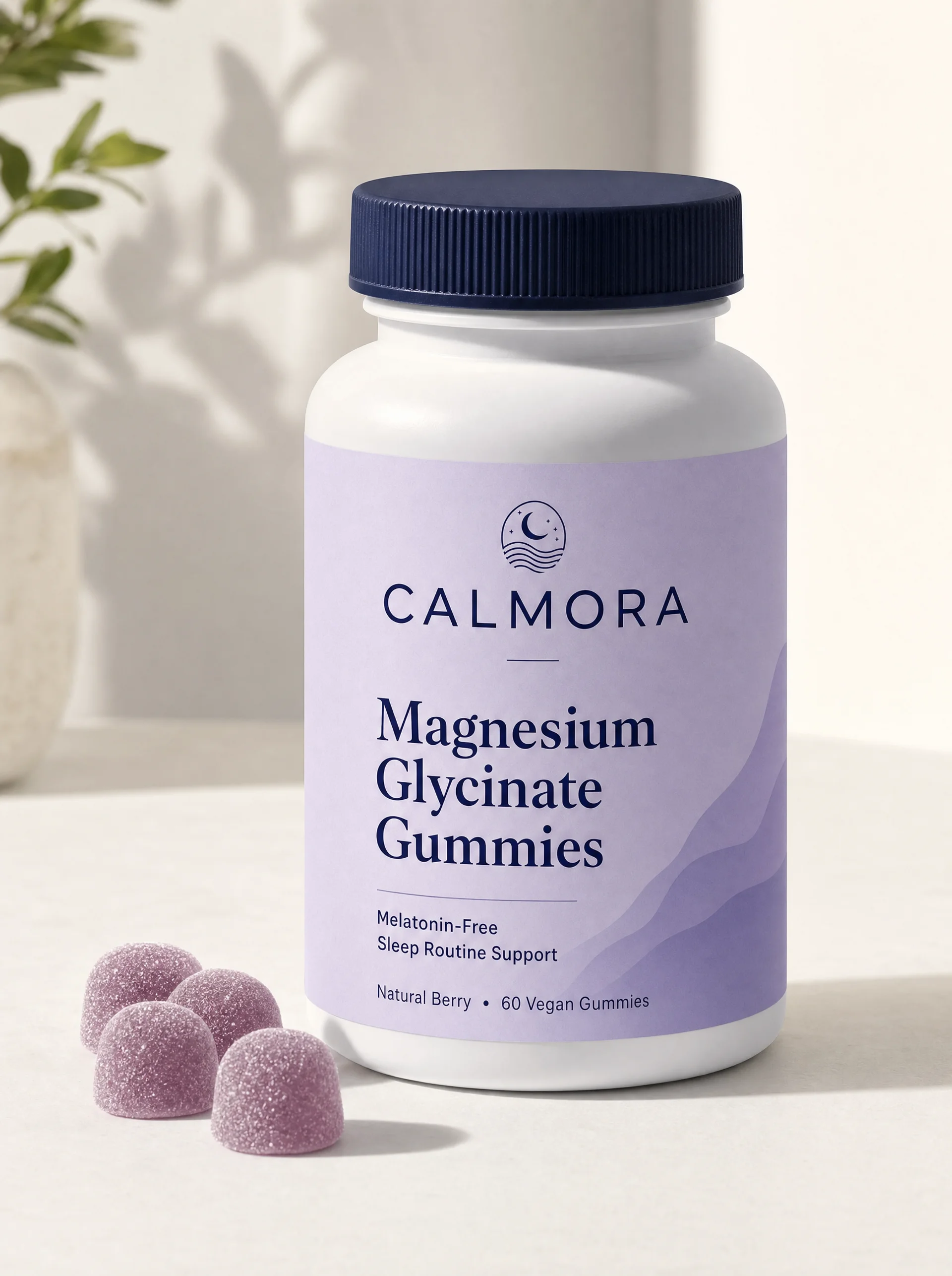 Calmora supplement product shoot with lavender packaging and berry gummies in natural light