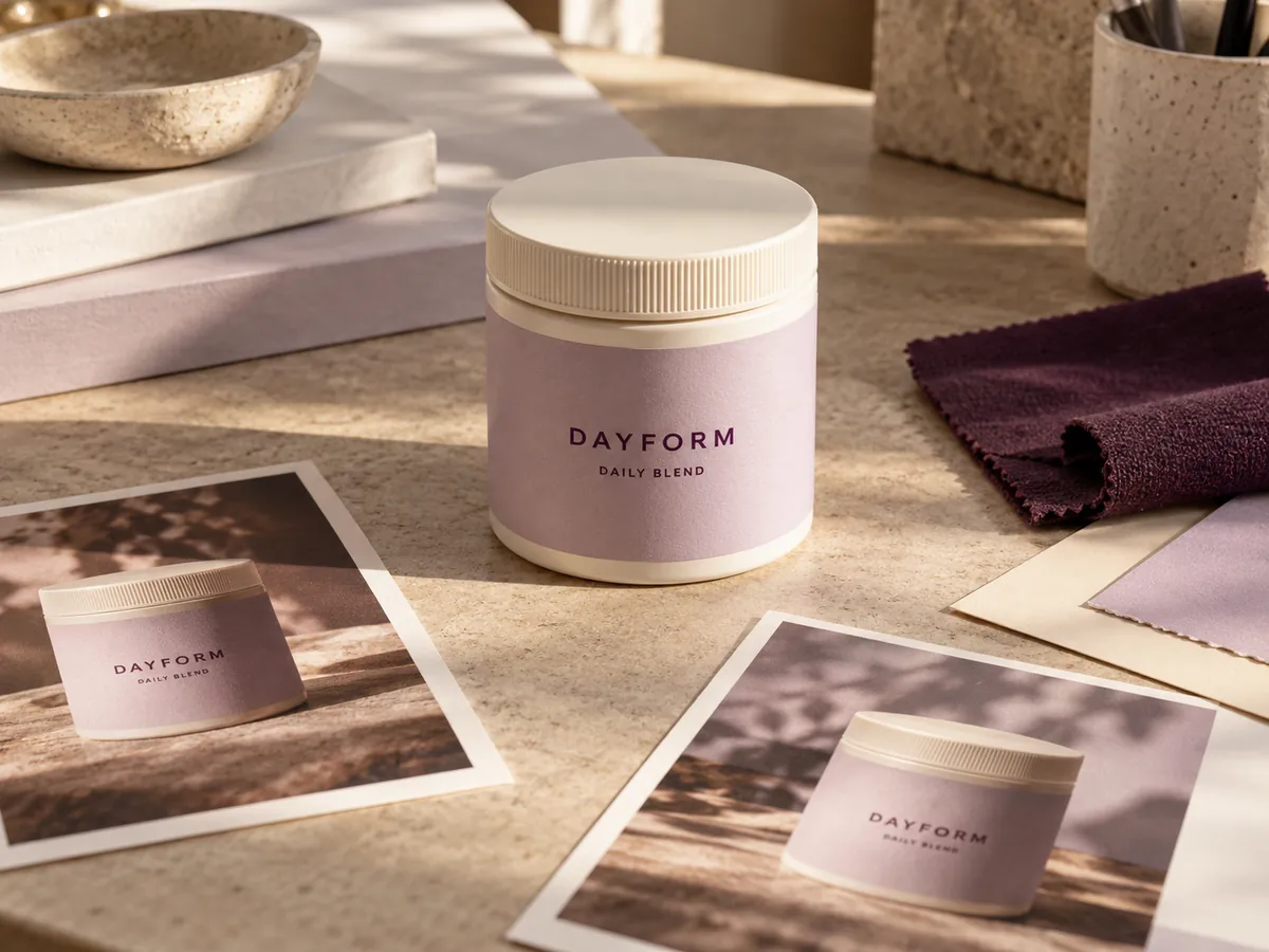 Illustrative DAYFORM supplement packaging and source photographs prepared for a content brief