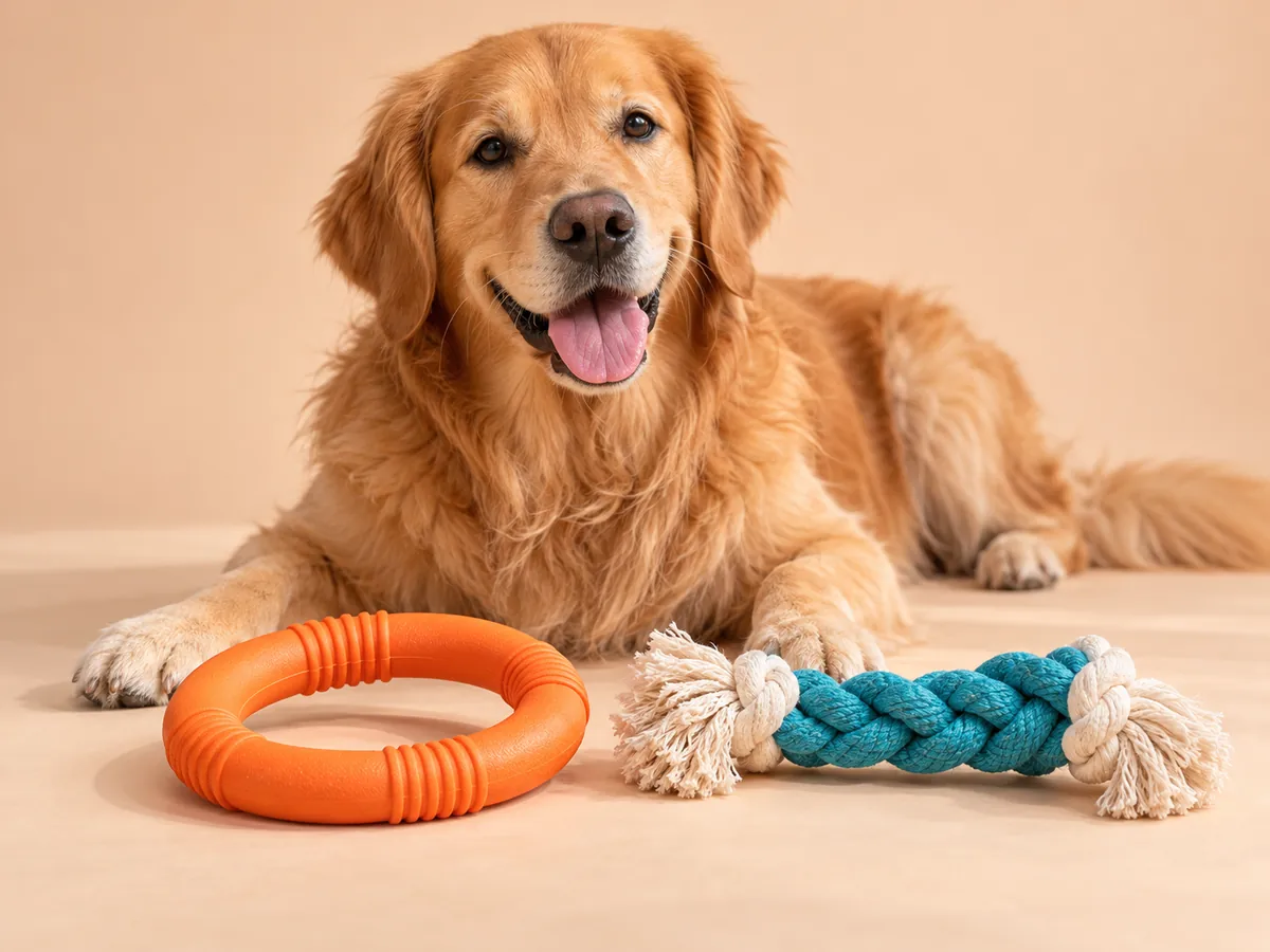 Illustrative GOOD FETCH dog-toy collection with an orange fetch ring, turquoise rope tug and a happy dog