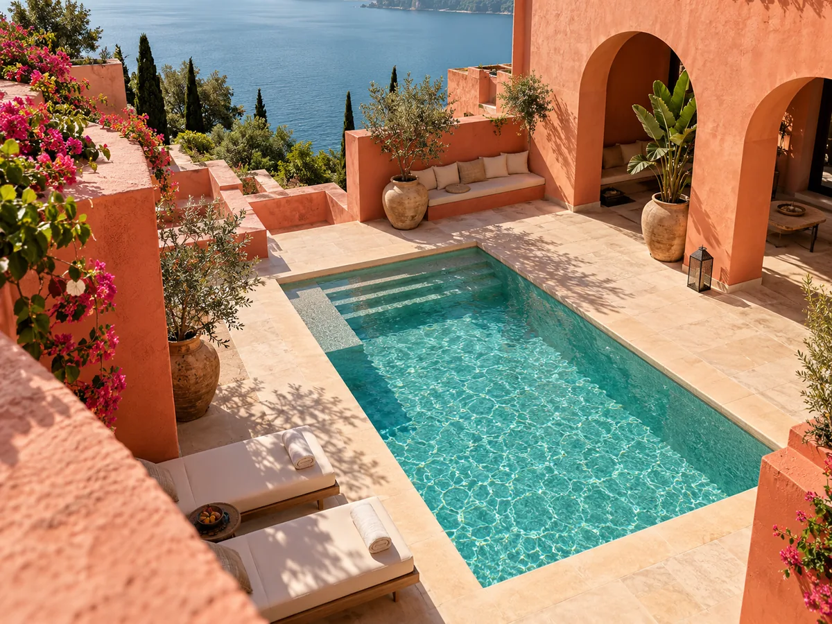 Illustrative coral hotel courtyard and turquoise pool viewed from above