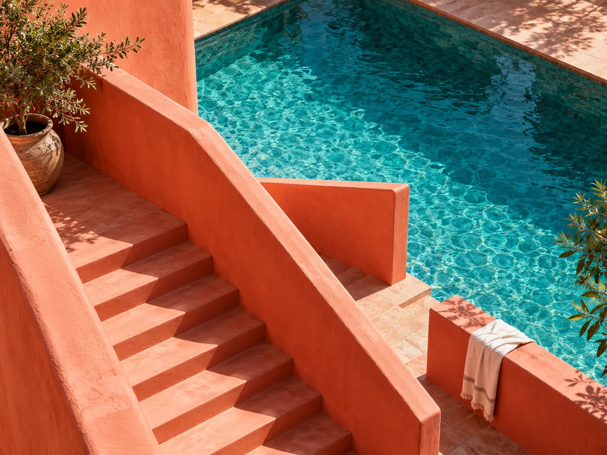 Illustrative coral staircase and turquoise pool with a clear graphic composition