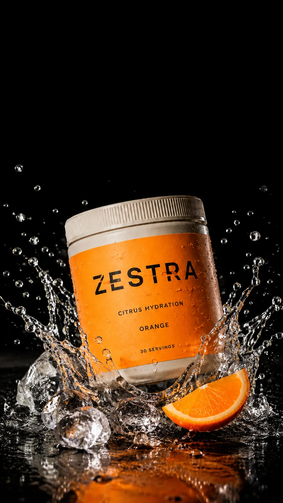 ZESTRA concept brand: vivid orange hydration packaging with orange, ice and a water splash